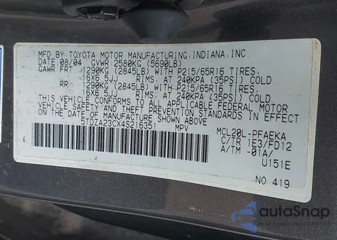 2004 Toyota Sienna Ce z USA, uszkodzony, nr VIN 5TDZA23CX4S216351